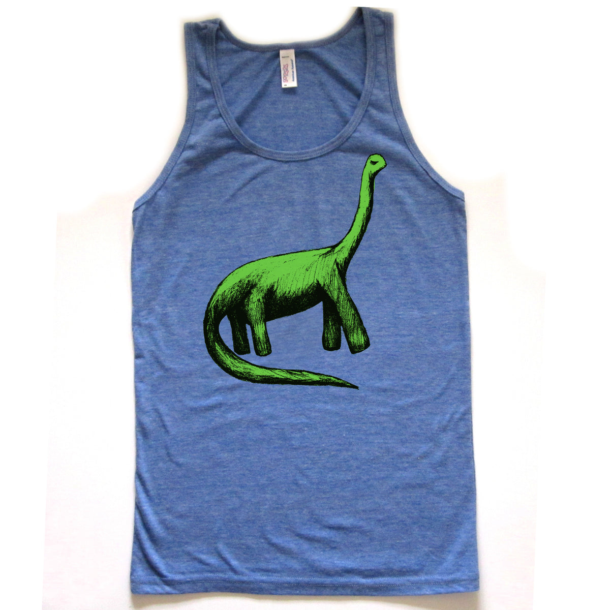A blue tank top with a green dinosaur graphic printed on it.