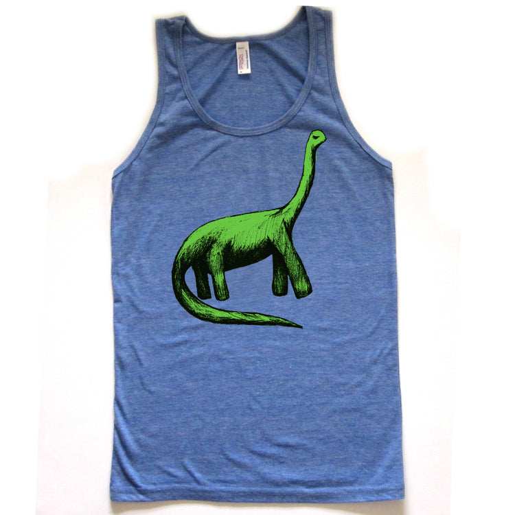 A blue tank top with a green dinosaur graphic printed on it.
