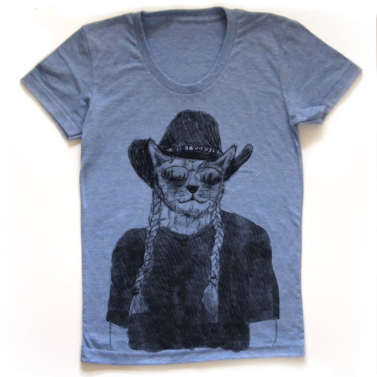A blue t-shirt with a black and white illustration of a cat wearing a cowboy hat and sunglasses.