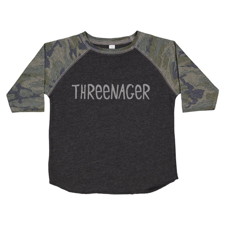 A gray and green camouflage-patterned shirt with the text "THREEENAGER" printed on it.