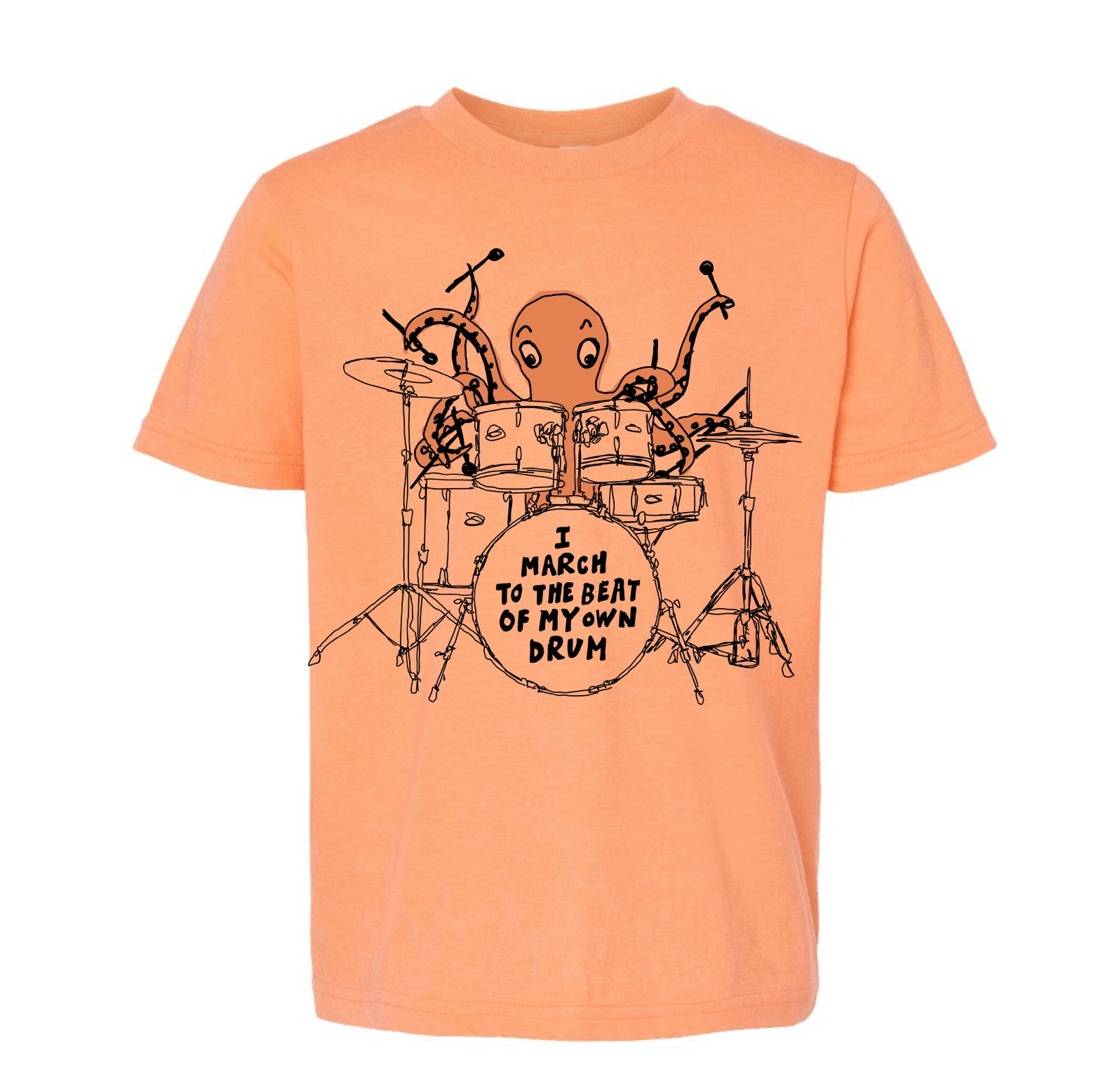 an orange t-shirt with a graphic design depicting an octopus playing a drum set.