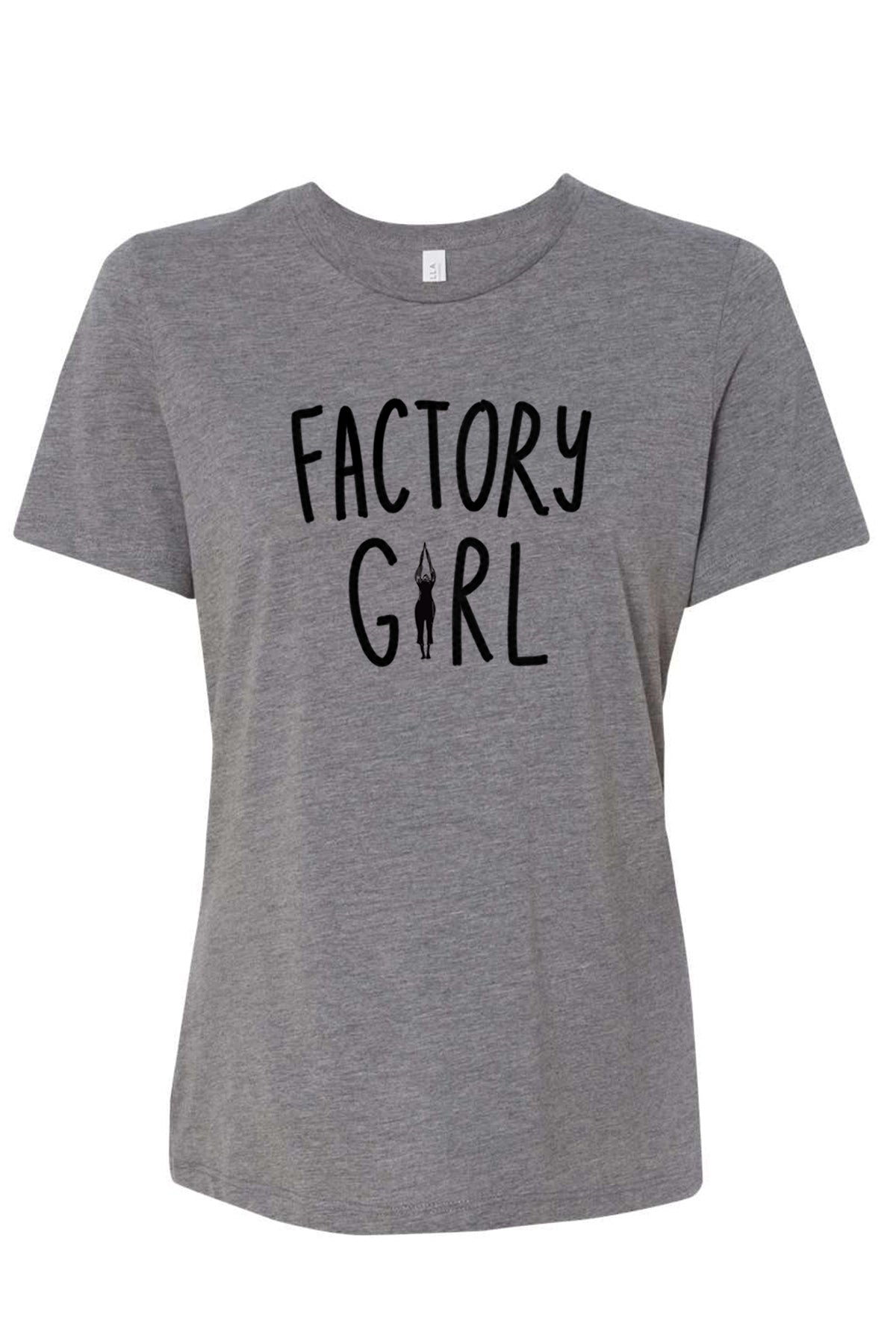 A gray t-shirt with the text "FACTORY GIRL" printed on it.