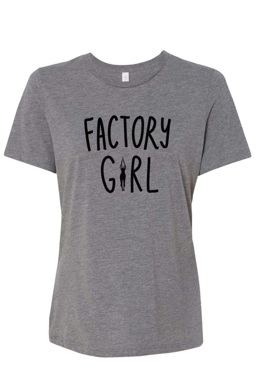 A gray t-shirt with the text "FACTORY GIRL" printed on it.