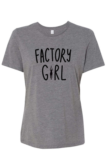A gray t-shirt with the text "FACTORY GIRL" printed on it.