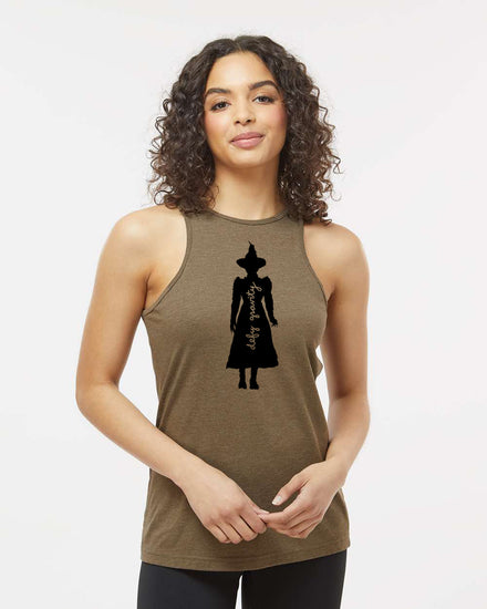 A woman with curly hair wearing a brown tank top with a silhouette of a person wearing a hat.