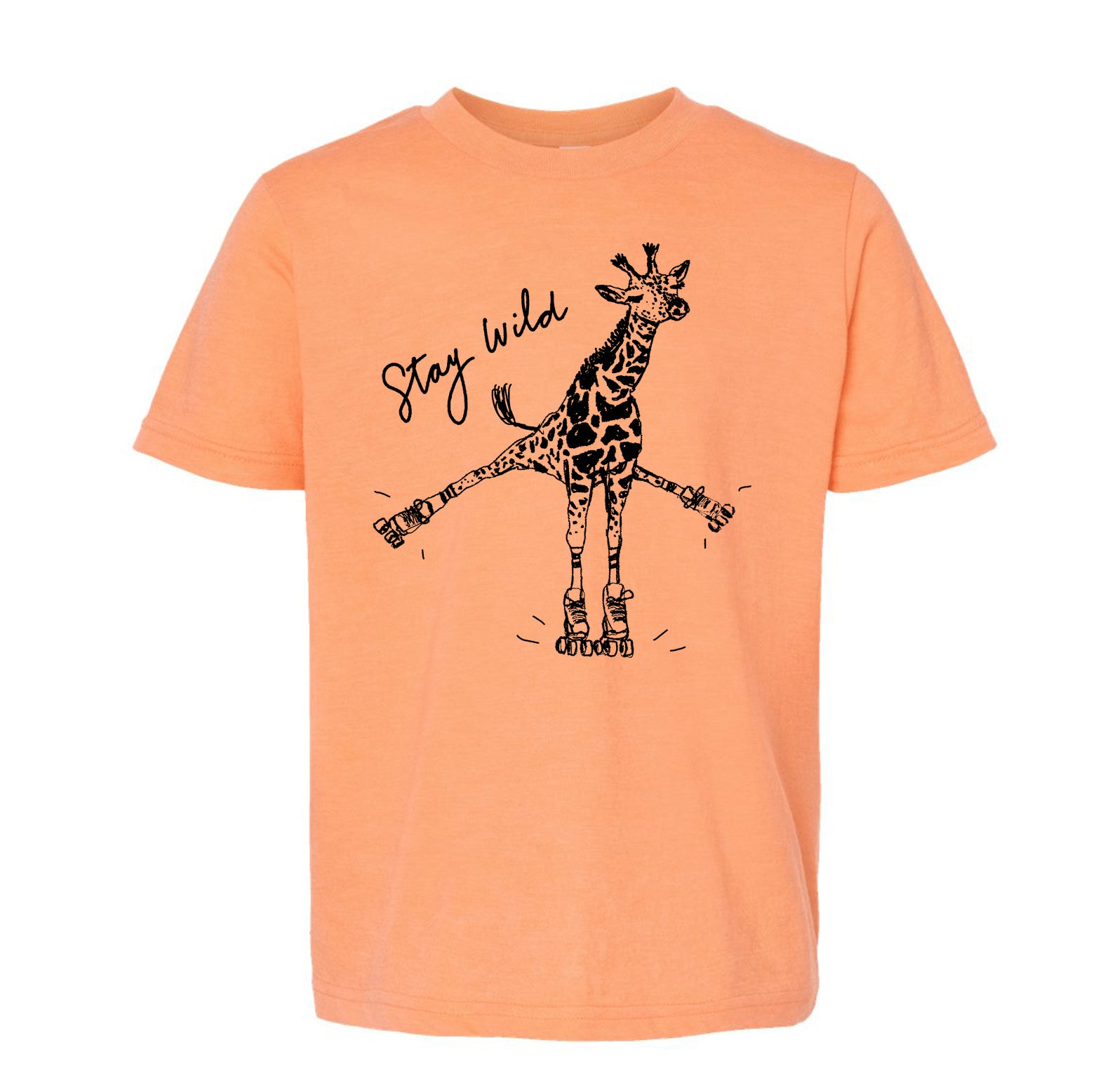 a t-shirt with a graphic design of a giraffe on roller skates, accompanied by the text "Stay wild".