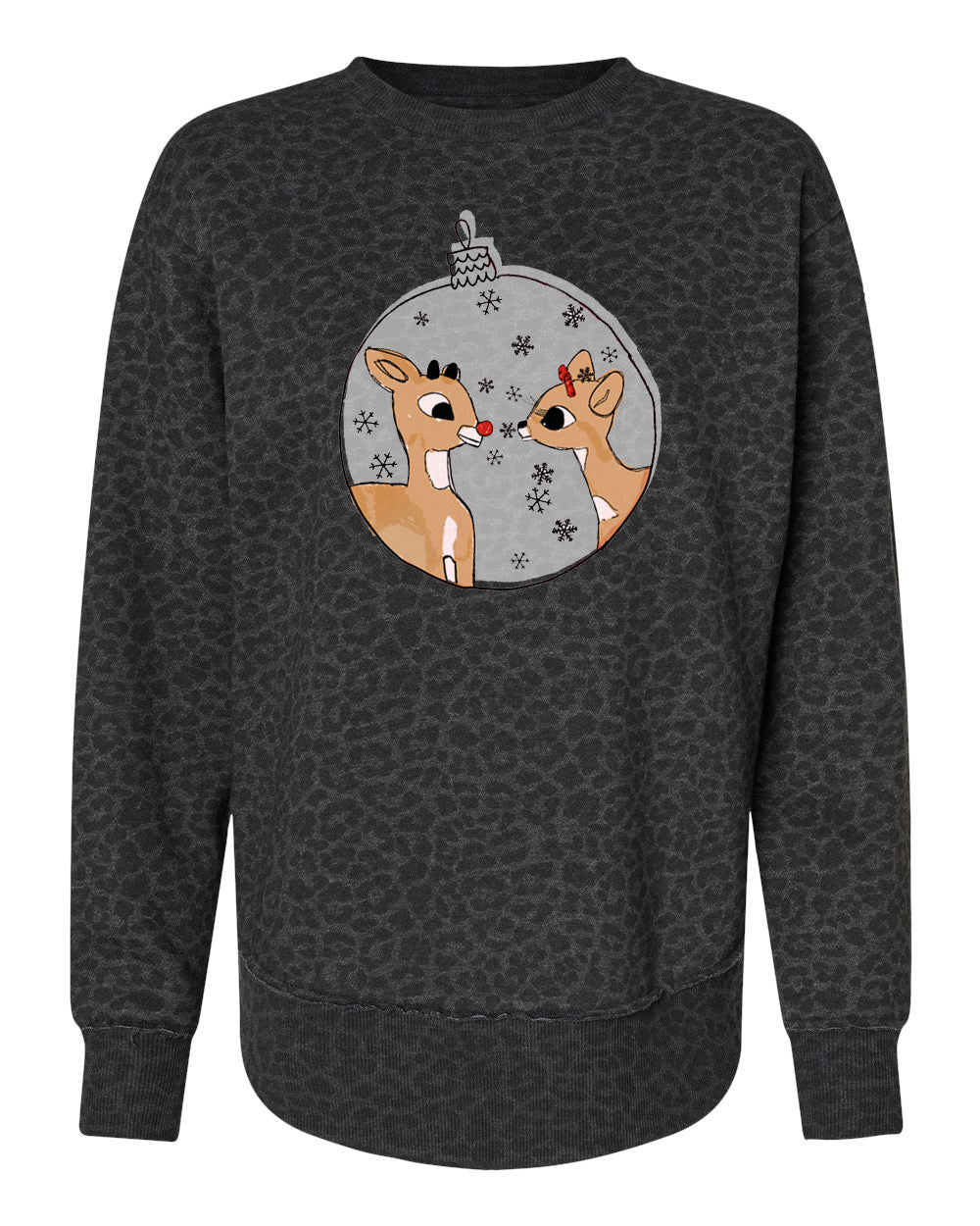 A black sweater with a graphic design featuring two cartoon reindeer inside a snow globe.