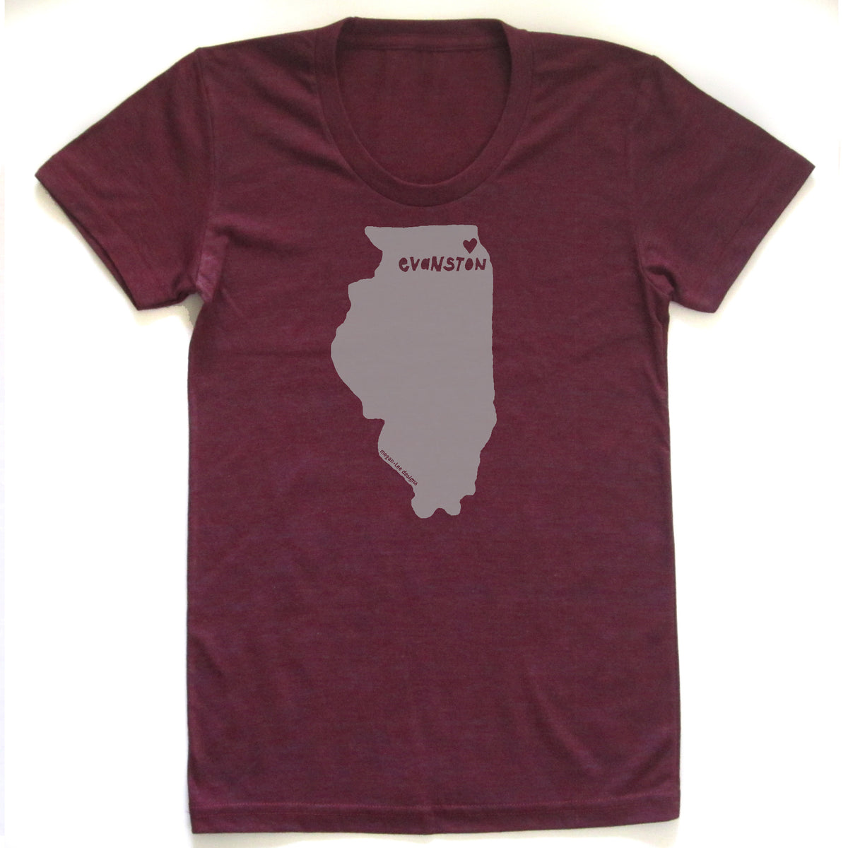 A burgundy-colored t-shirt with a graphic of the state of Illinois printed on it.