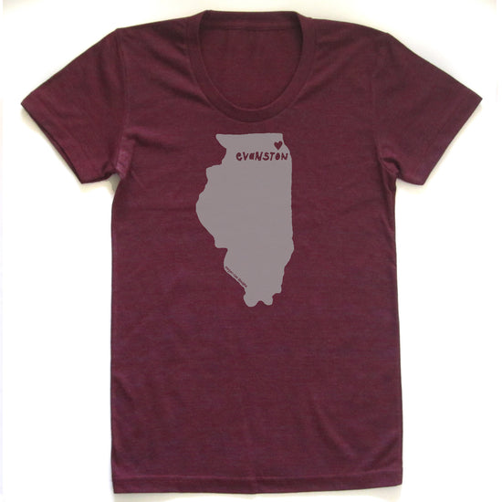 A burgundy-colored t-shirt with a graphic of the state of Illinois printed on it.