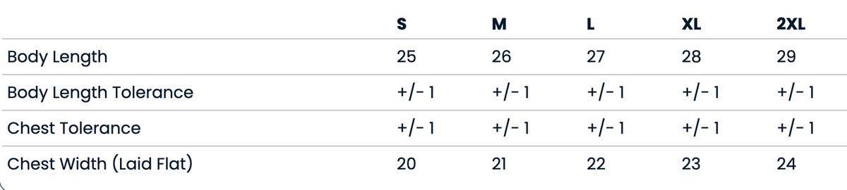 a table with various measurements and corresponding sizes for different body lengths and chest widths.