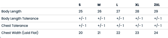 a table with various measurements and corresponding sizes for different body lengths and chest widths.