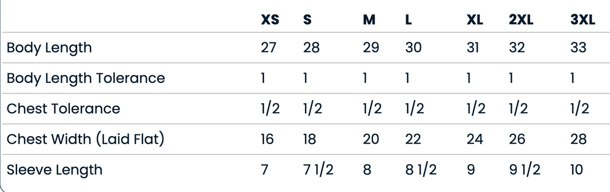 A table with various measurements and corresponding sizes for different body lengths and sleeve lengths.