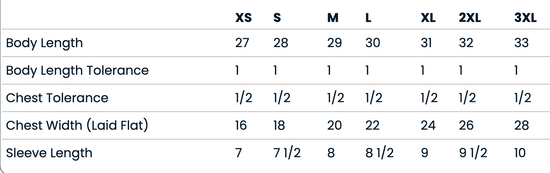 A table with various measurements and corresponding sizes for different body lengths and sleeve lengths.