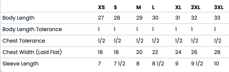 A table with various measurements and corresponding sizes for different body lengths and sleeve lengths.