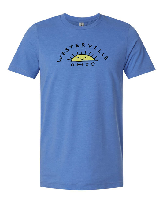 A blue t-shirt with the text "WESTERVILLE OHIO" printed on it.