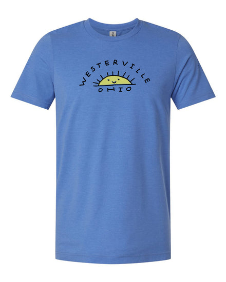 A blue t-shirt with the text "WESTERVILLE OHIO" printed on it.