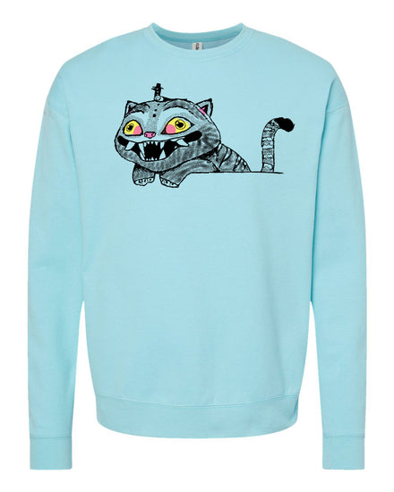 A light blue sweatshirt with a cartoon cat design on the front.