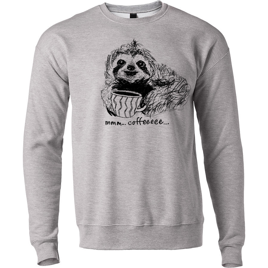 A gray sweatshirt with a black and white illustration of a sloth holding a cup of coffee, accompanied by the text "mmm... coffe..."