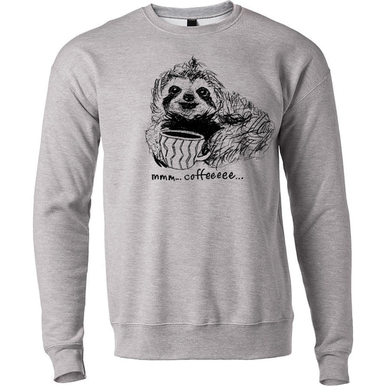 A gray sweatshirt with a black and white illustration of a sloth holding a cup of coffee, accompanied by the text "mmm... coffe..."