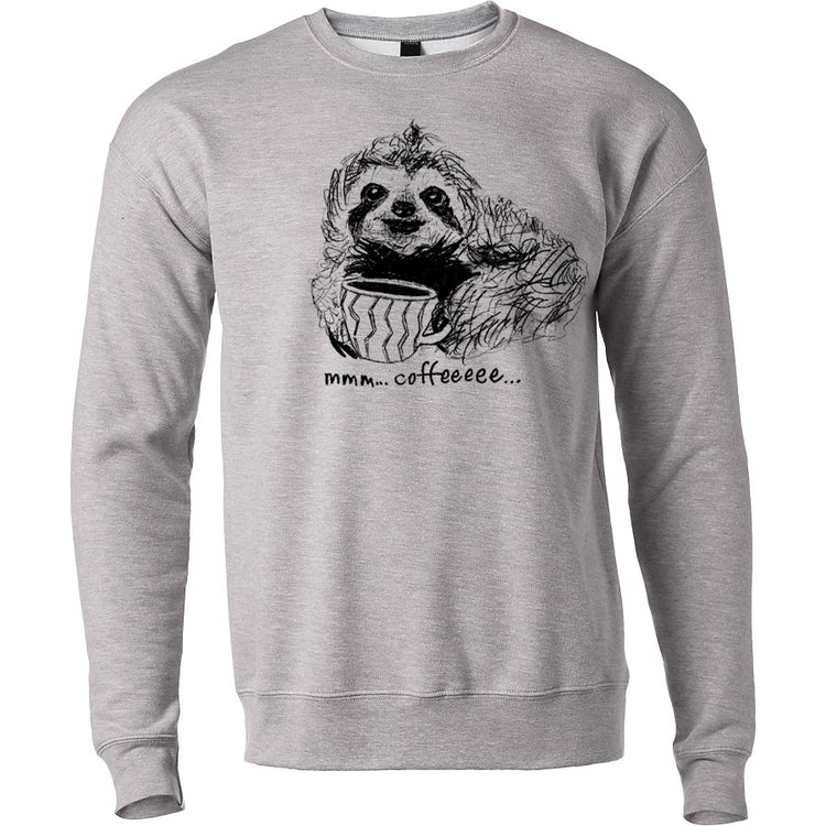 A gray sweatshirt with a black and white illustration of a sloth holding a cup of coffee, accompanied by the text "mmm... coffe..."