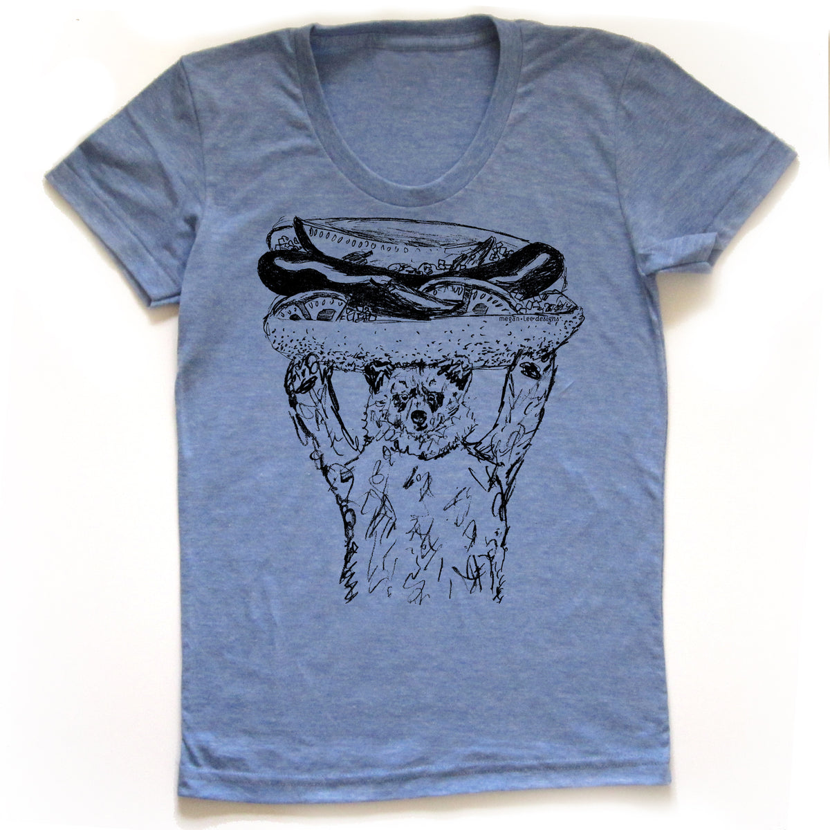 A blue t-shirt with a graphic design depicting a bear holding a hot dog on its head.