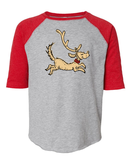 A gray and red t-shirt with a cartoon image of a reindeer or deer-like animal on it.