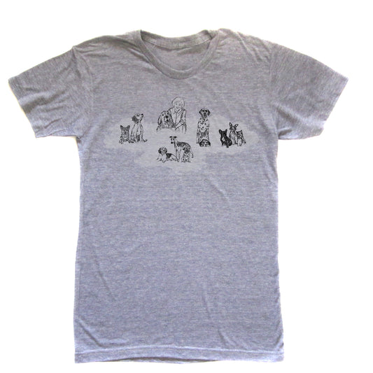 a gray t - shirt with dogs drawn on it
