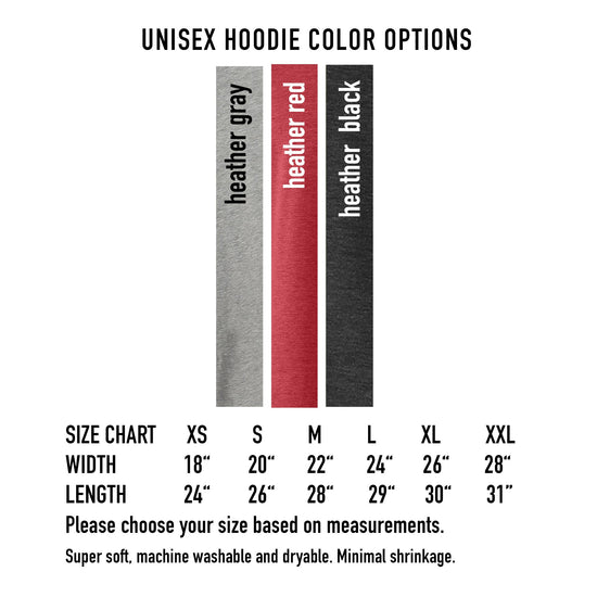 a color options chart for a unisex hoodie, with three color options labeled as grey, red, and black. The chart provides size chart information for each color option, including measurements for width, length, and height. The chart also includes instructions for choosing the size based on measurements and guidelines for selecting a soft, machine washable, and dryable material for minimal shrinkage.