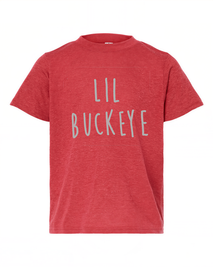 A red t-shirt with the text "LIL BUCKEYE" printed on it.