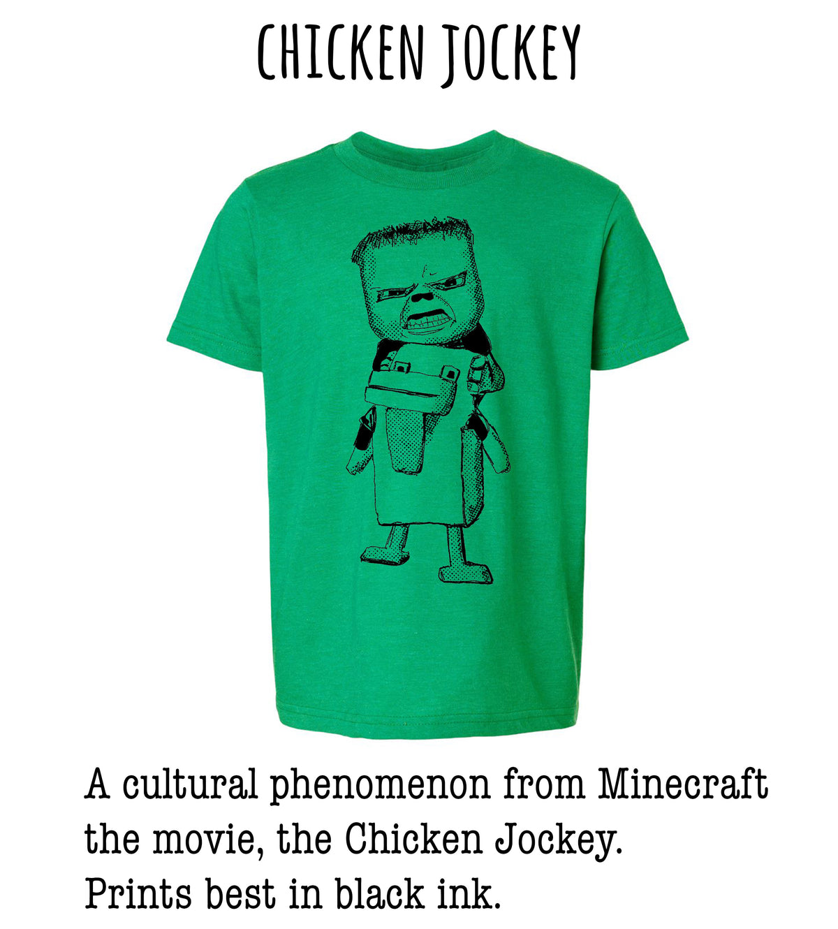 A green t-shirt with a black and white illustration of a cartoon character resembling the character from the movie "The Chicken Jockey".