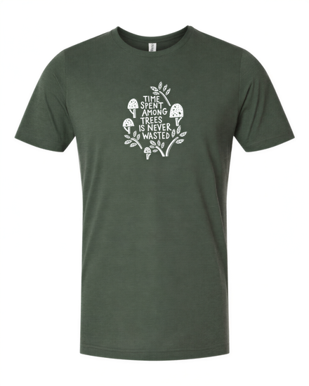 A green t-shirt with a white graphic design featuring text and mushrooms.