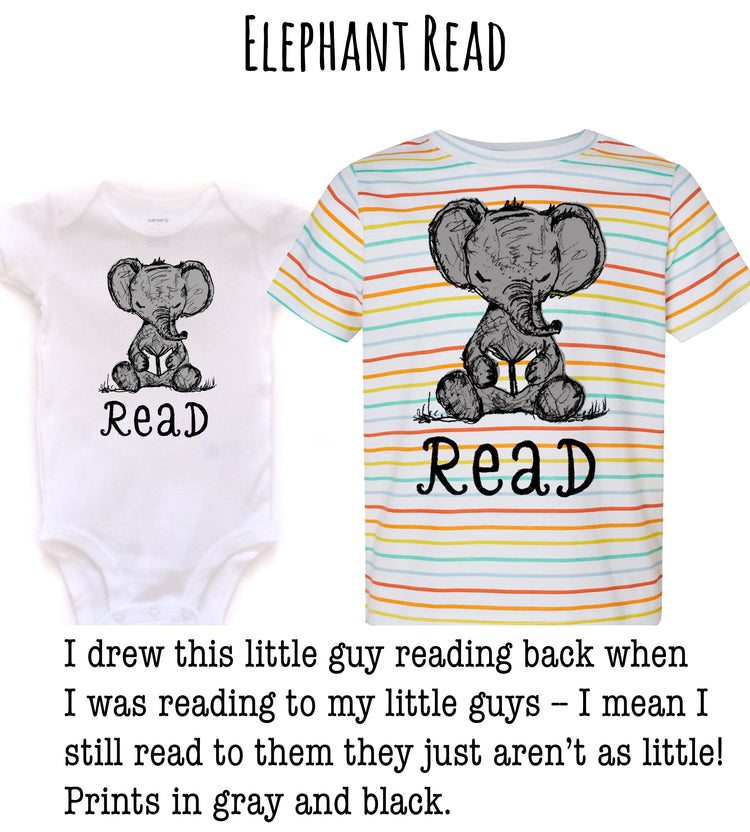 two t-shirts with a cartoon elephant and the word "Read" printed on them. The t-shirt on the left is white, and the t-shirt on the right is striped. The text above the image says "Elephant Read".