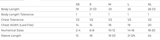 A table with various sizes listed, including XS, S, M, L, and XL, along with corresponding body length and chest measurements.