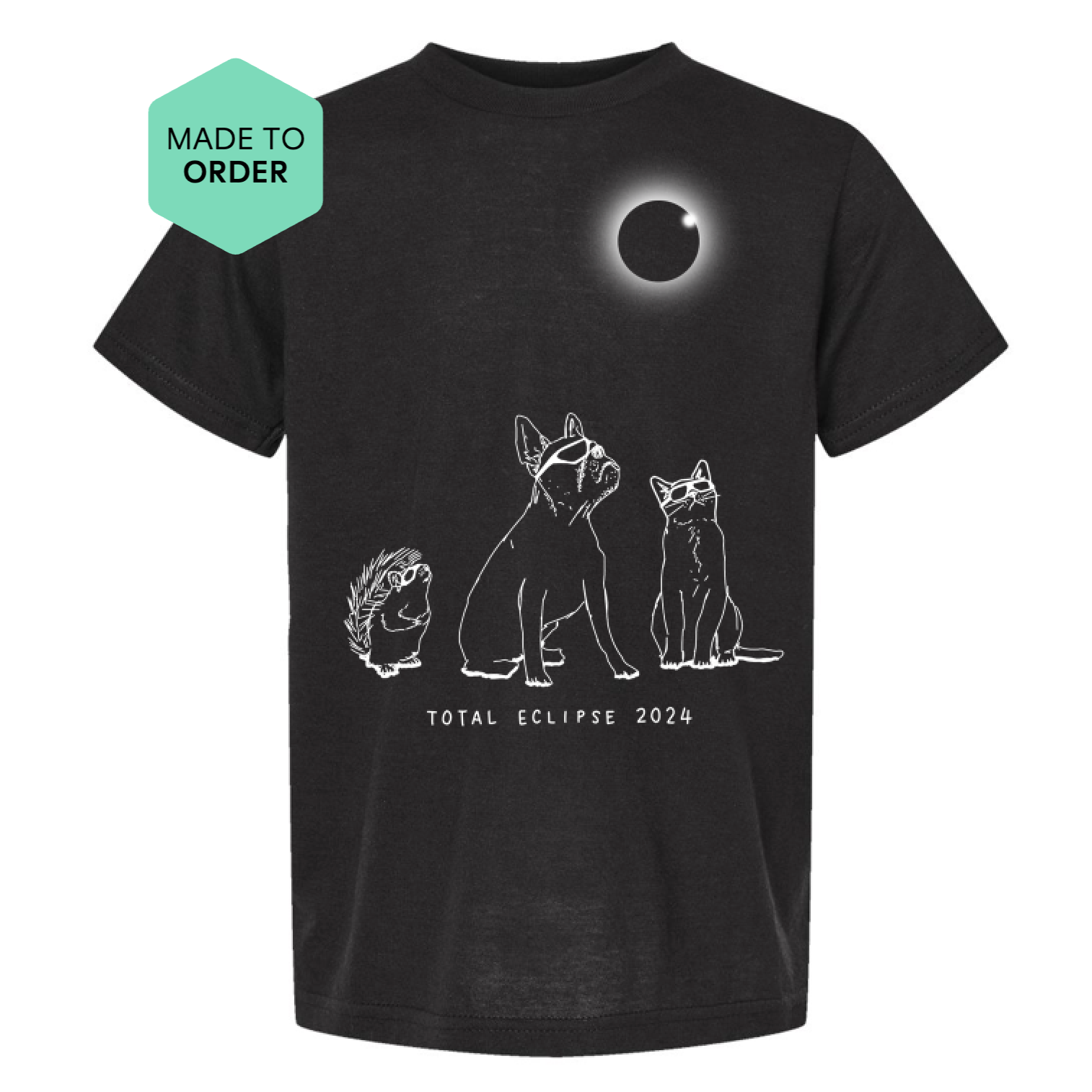 a black t - shirt with an image of three cats and a dog on it