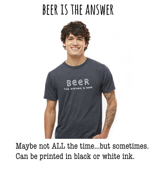 A smiling young man wearing a gray t-shirt with the text "BEER IS THE ANSWER" printed on it.