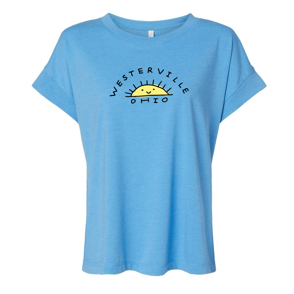 A light blue t-shirt with a graphic design on the front, featuring a sun with a face and the text "Westerville Ohio" printed on it.