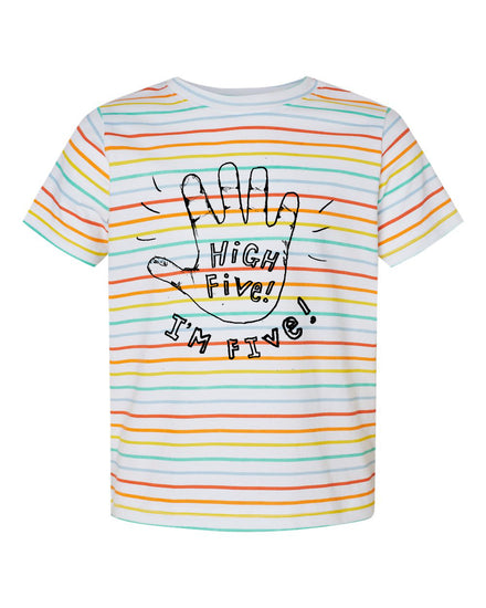 A striped t-shirt with a hand graphic and text printed on it.