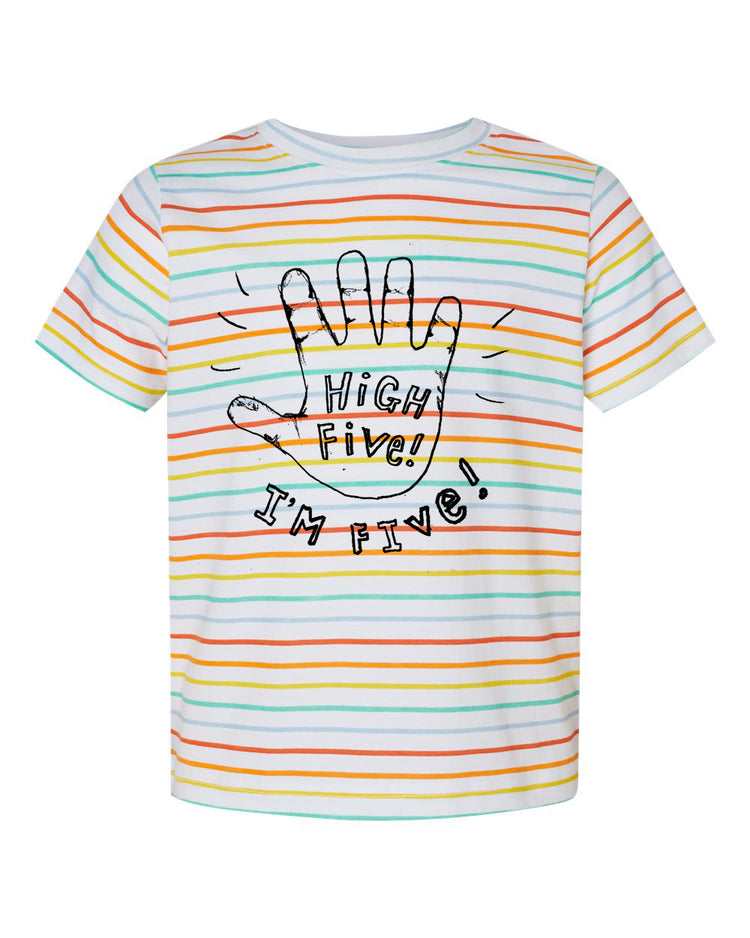 A striped t-shirt with a hand graphic and text printed on it.