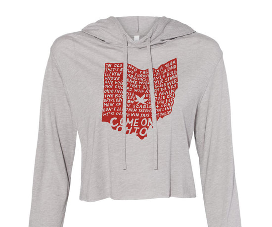 A gray hoodie with a graphic design featuring the text "COME ON ON OCHICO" in red and white.
