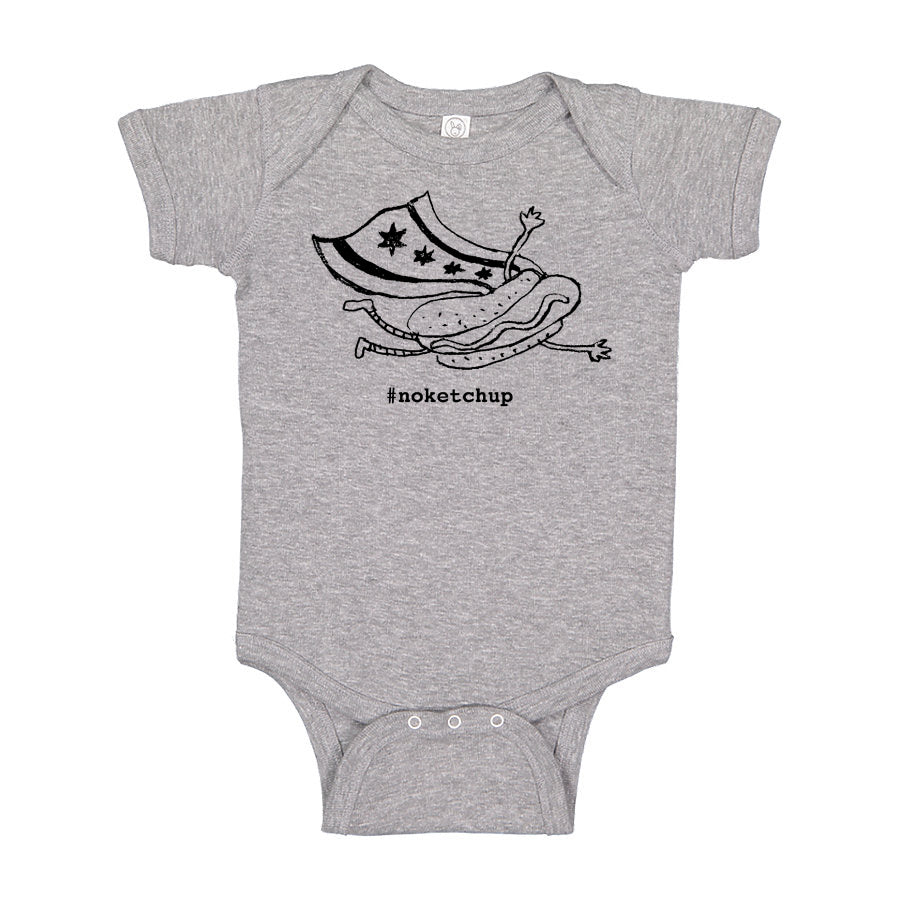 A gray onesie with a graphic of a hot dog and a shield, along with the text "#oketchup" printed on it.