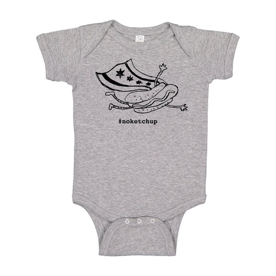A gray onesie with a graphic of a hot dog and a shield, along with the text "#oketchup" printed on it.