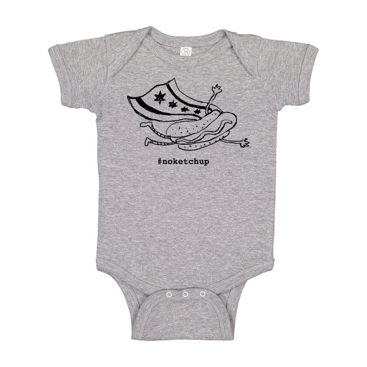 A gray onesie with a graphic of a hot dog and a shield, along with the text "#oketchup" printed on it.