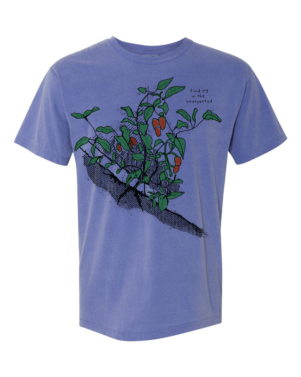 A blue t-shirt with a graphic design depicting a plant with green leaves and orange fruits.