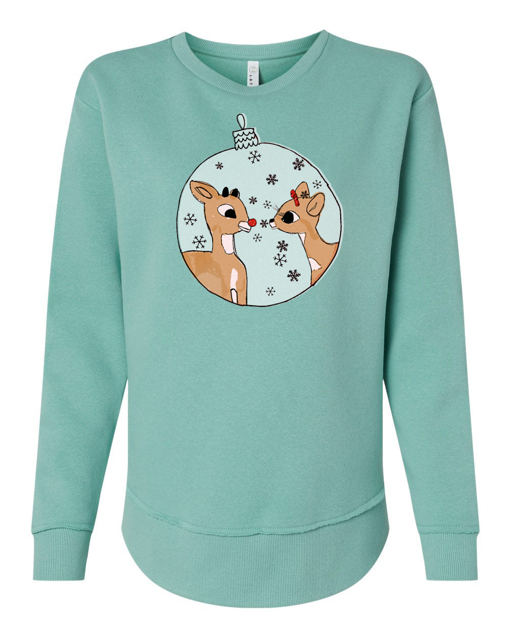 A turquoise sweatshirt with a graphic design featuring two cartoon reindeer inside a snow globe.