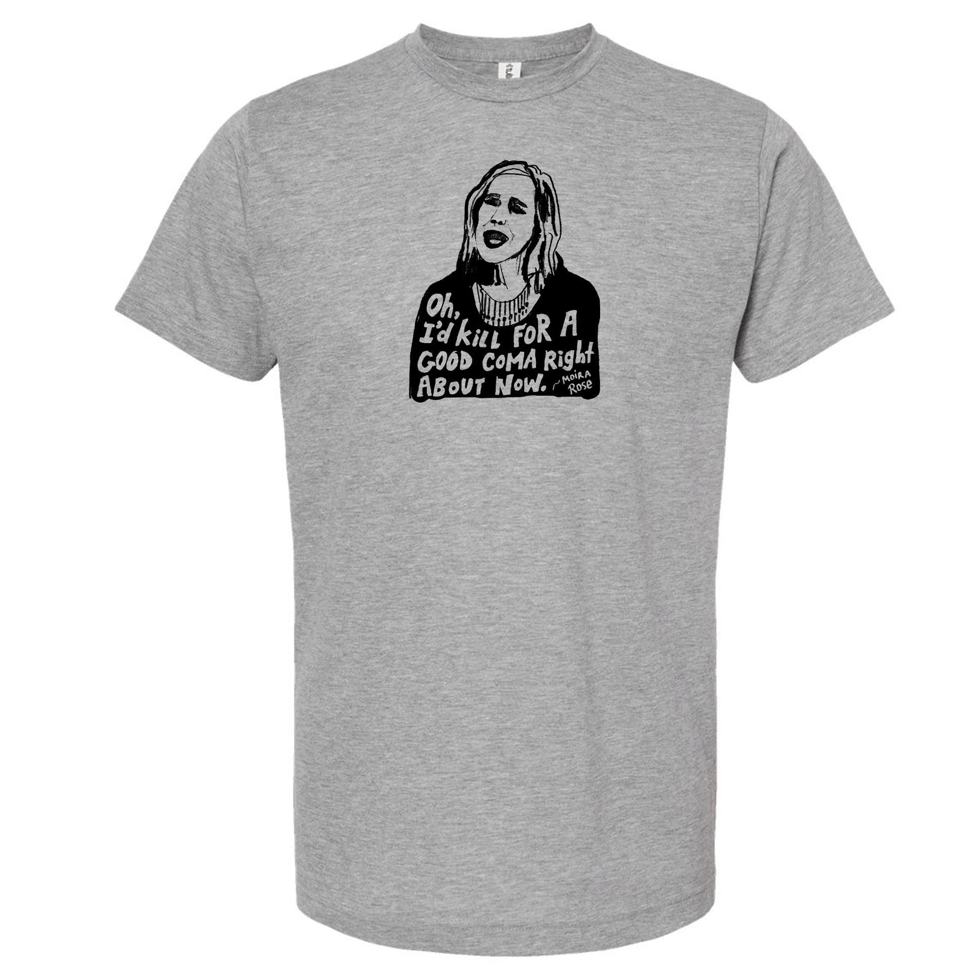 A gray t-shirt with a black and white graphic design depicting a woman's face with text below it.