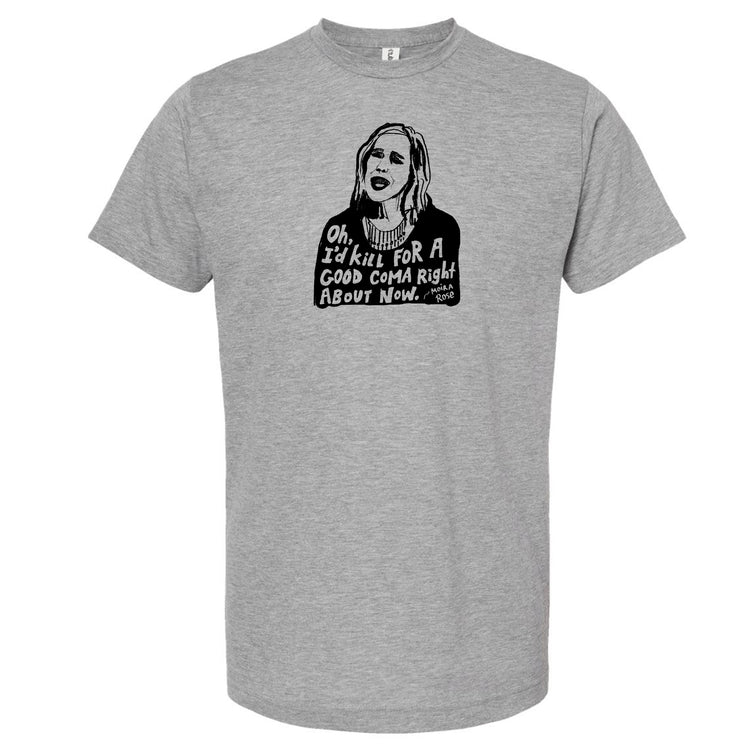 A gray t-shirt with a black and white graphic design depicting a woman's face with text below it.