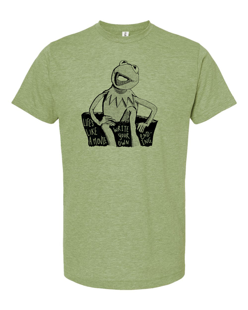 A green t-shirt with a black and white graphic of Kermit the Frog sitting on a couch and the text "Life like a movie" printed on it.