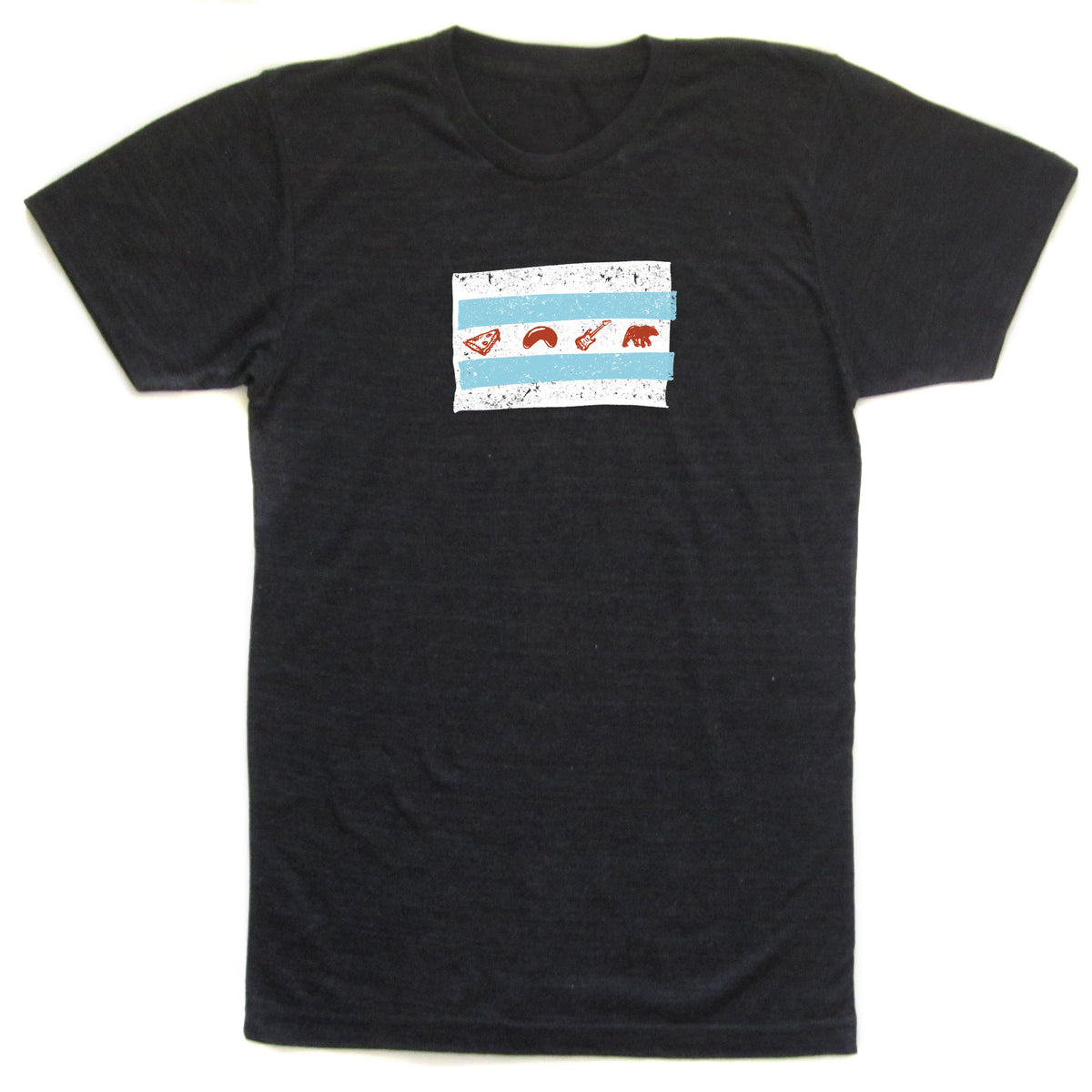 A black t-shirt with a graphic design featuring a flag-like pattern with various symbols and icons printed on it.