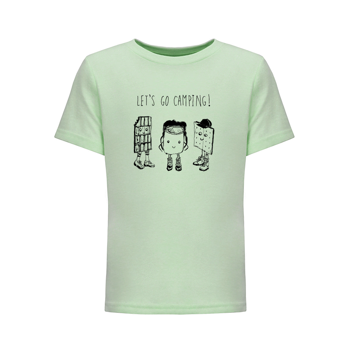 A light green t-shirt with a graphic design featuring three cartoon-like figures and the text "LET'S GO CAMPING!"