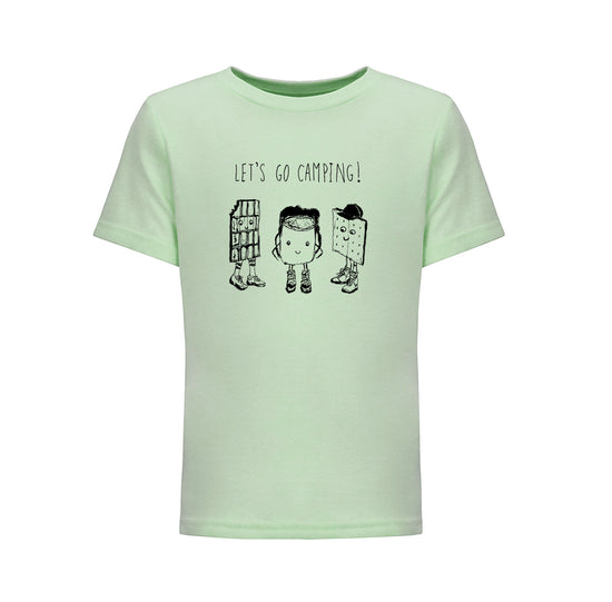 A light green t-shirt with a graphic design featuring three cartoon-like figures and the text "LET'S GO CAMPING!"